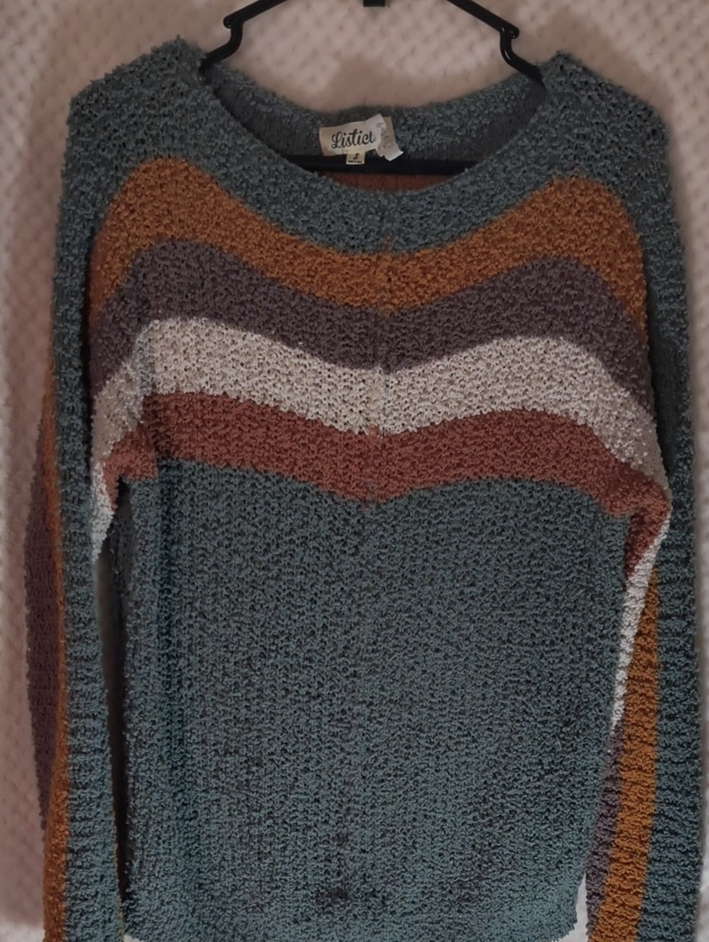 Listicle Teal Crewneck Sweater with Multicolor Chevron Stripes